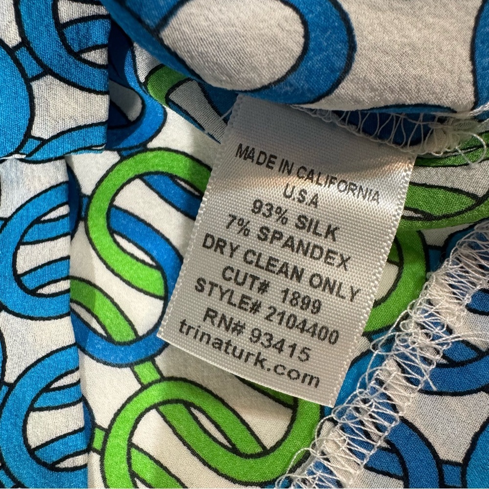 Trina Turk Blue & Green Chain-Print Long-Sleeve Silk Blouse Small - Picture 8 of 9